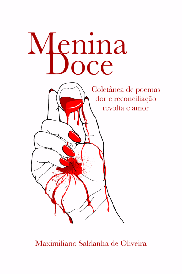 Mão feminina segurando um bombom mordido. Dele escorre seu recheio, como gotas de sangue que escorrem pela mão.